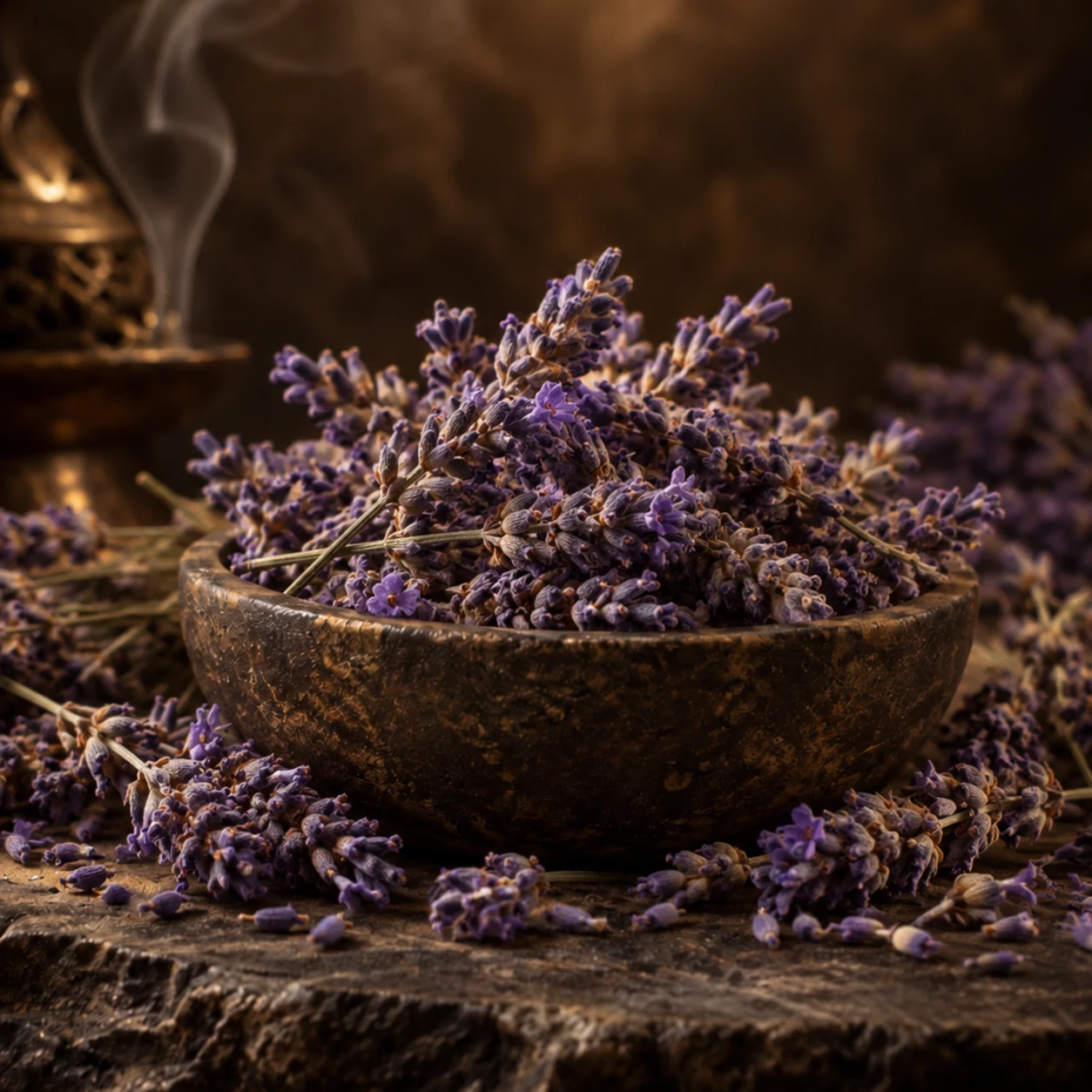 Fotorealistisches Einzelbild von getrockneten Lavendelblüten mit natürlichen violetten und graugrünen Farbtönen auf dunklem Steinuntergrund.