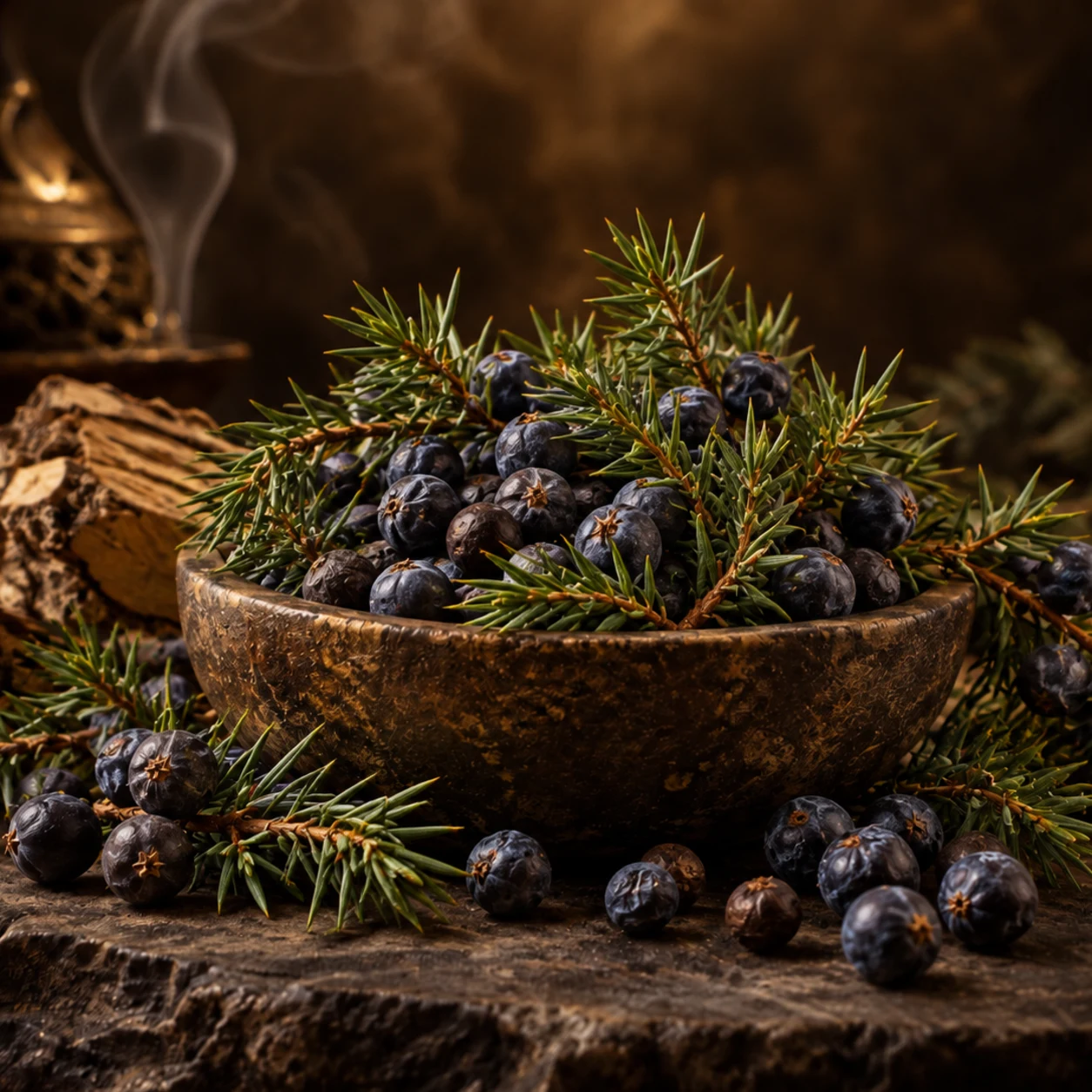Fotorealistisches Einzelbild von Wacholderzweigen mit Nadeln und dunklen Beeren als Räuchermaterial auf dunklem Steinuntergrund.