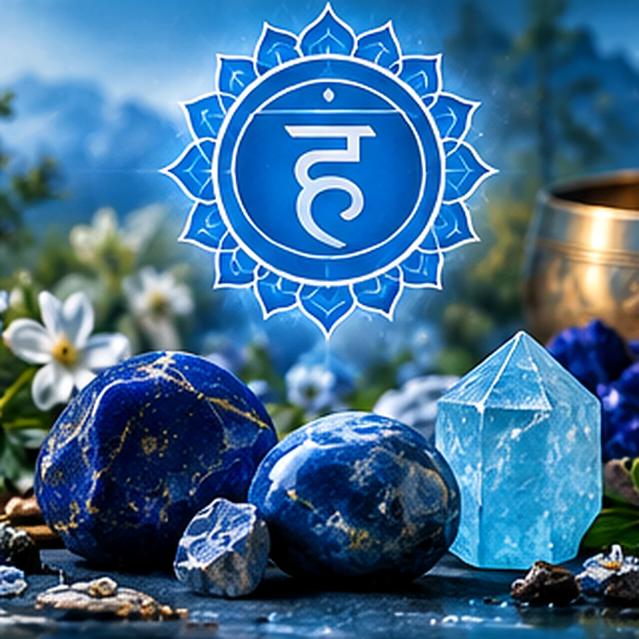 Symbolisches Premium-Stillleben zum Halschakra in klarem Blau mit Lotuszeichen, blauen Steinen, Aquamarin-Anmutung und ruhiger Naturkulisse.