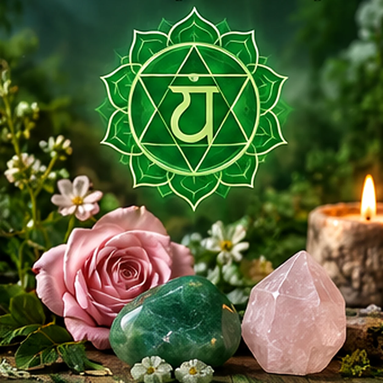Symbolisches Premium-Stillleben zum Herzchakra in Grün und Rosa mit Lotuszeichen, Rosenquarz-Anmutung, grünen Steinen und Blüten.