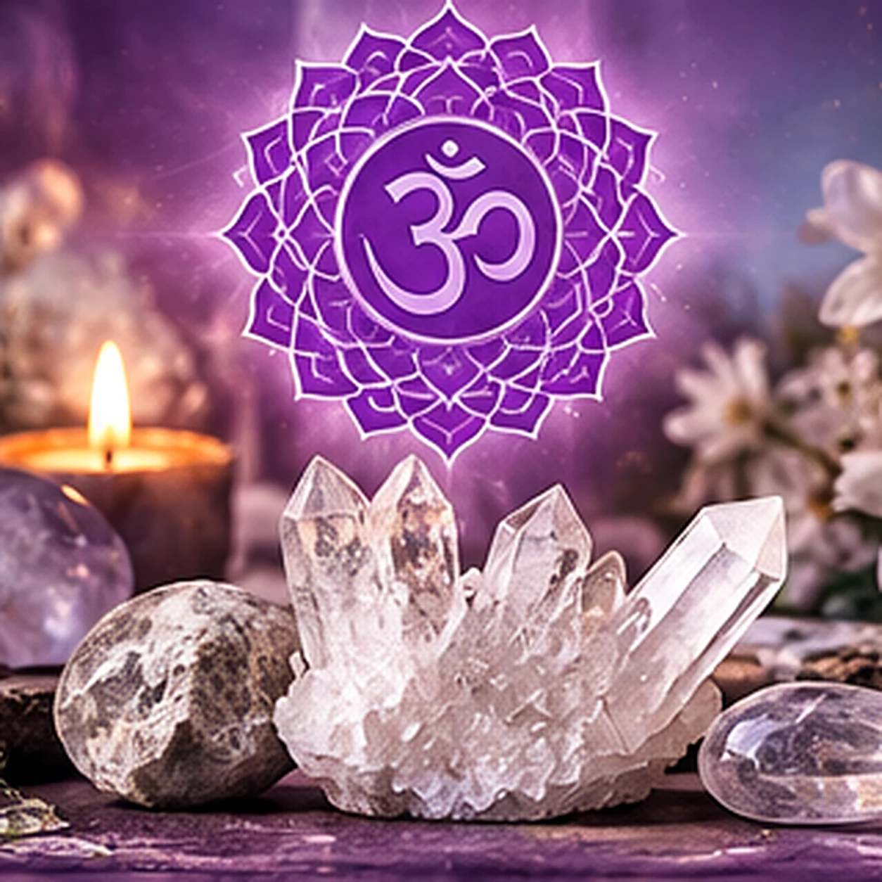 Symbolisches Premium-Stillleben zum Kronenchakra in Violett und Weiß mit Lotuszeichen, klaren Kristallen, Blüten und sanftem Licht.
