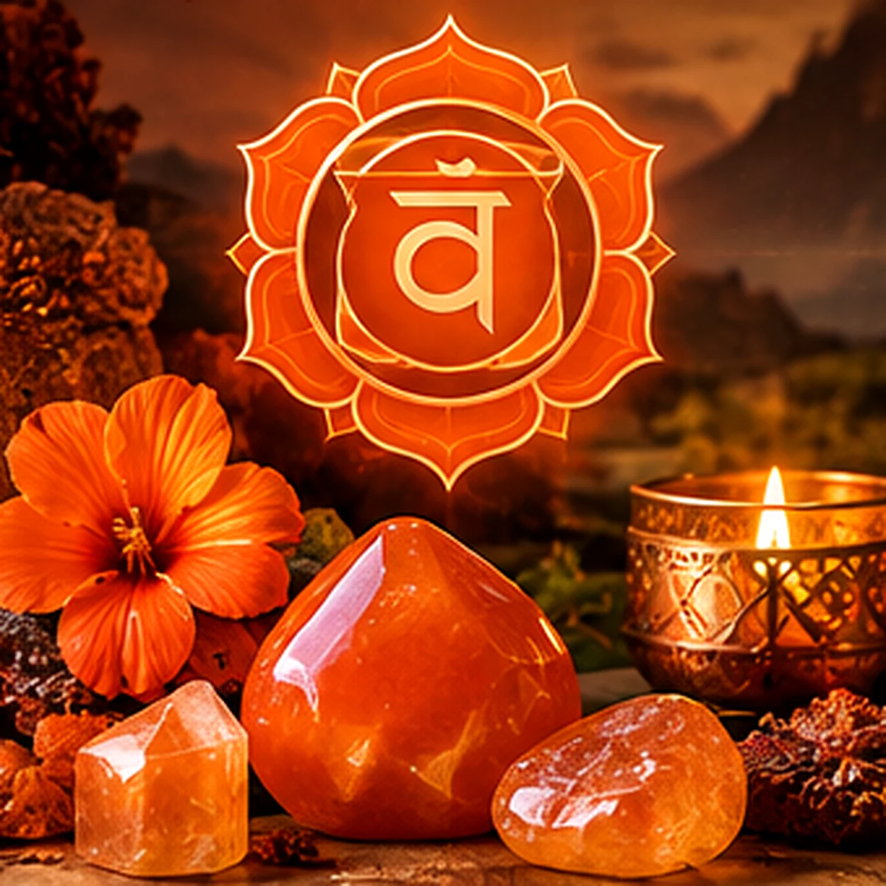 Symbolisches Premium-Stillleben zum Sakralchakra in Orangetönen mit Lotuszeichen, Karneol-Anmutung, Blüte und warmem Kerzenlicht.