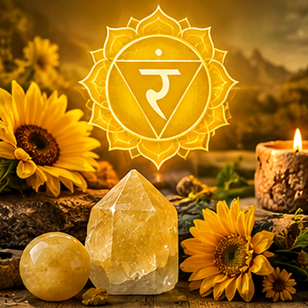 Symbolisches Premium-Stillleben zum Solarplexuschakra in Goldgelb mit Lotuszeichen, gelben Kristallen, Sonnenblumen und warmem Licht.