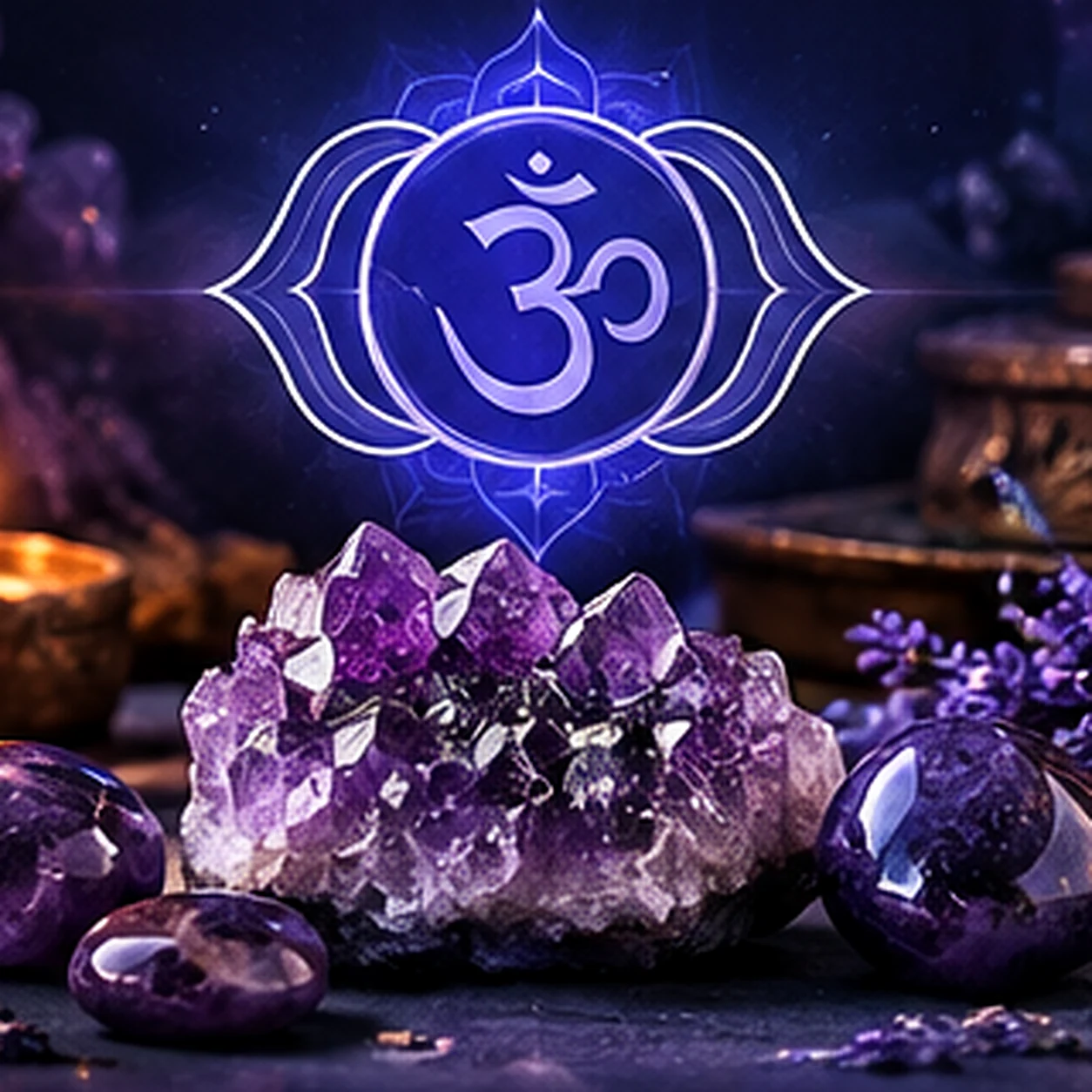 Symbolisches Premium-Stillleben zum Stirnchakra in Indigo und Violett mit Lotuszeichen, Amethyst-Anmutung und gedämpfter Ritualatmosphäre.