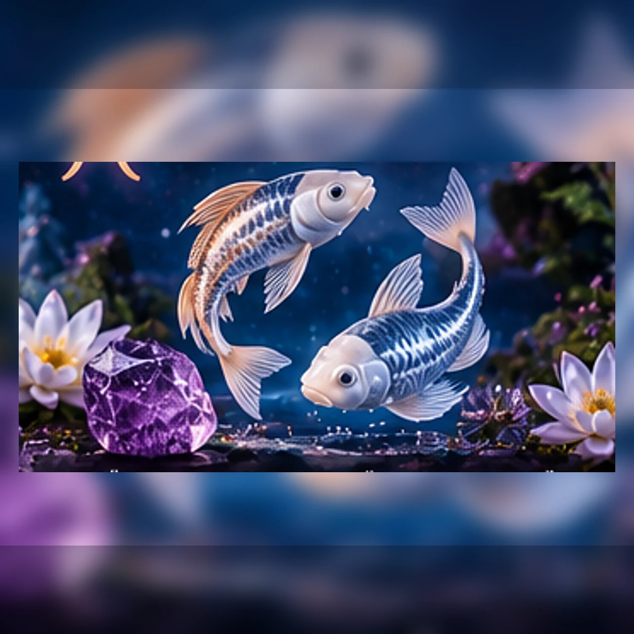 Eigenständiges Symbolvisual zum Sternzeichen Fische mit zwei gegenläufigen Fischmotiven, violett-blauer Wasserwelt und kristallinen Akzenten.