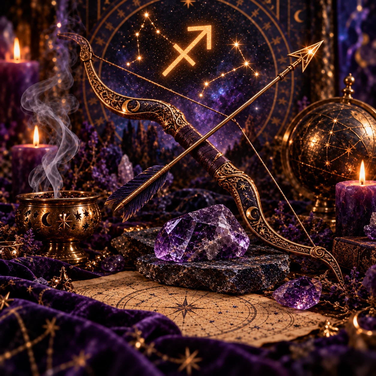 Premium-Stillleben zum Sternzeichen Schütze mit Bogen und Pfeil, violetten Kristallen und weiter Sternenhimmel-Symbolik.