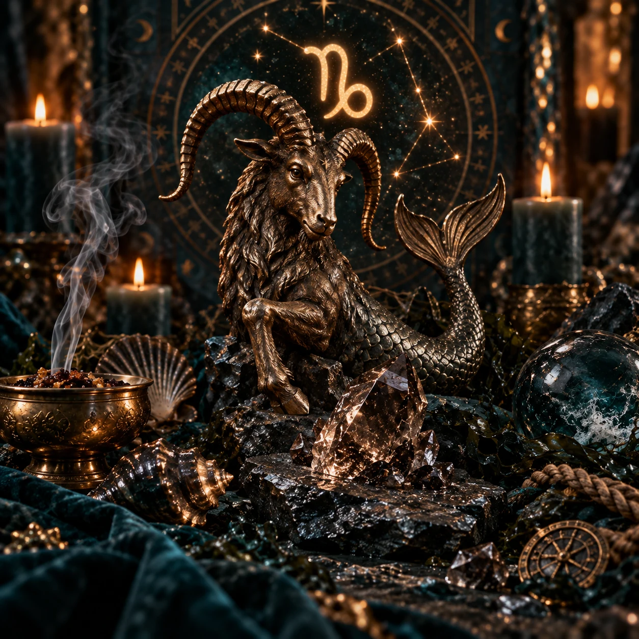 Premium-Stillleben zum Sternzeichen Steinbock mit Steinbockmotiv, dunklen Mineralien und strukturierter Erd- und Meeressymbolik.