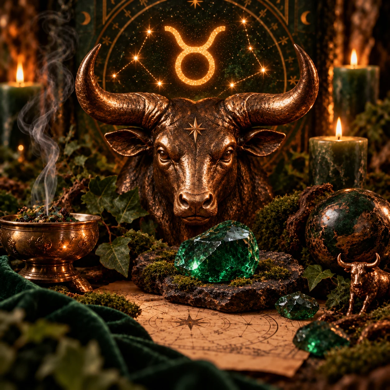 Premium-Stillleben zum Sternzeichen Stier mit Stiermotiv, grünen Kristallen, Moos und warmer Erd-Symbolik.