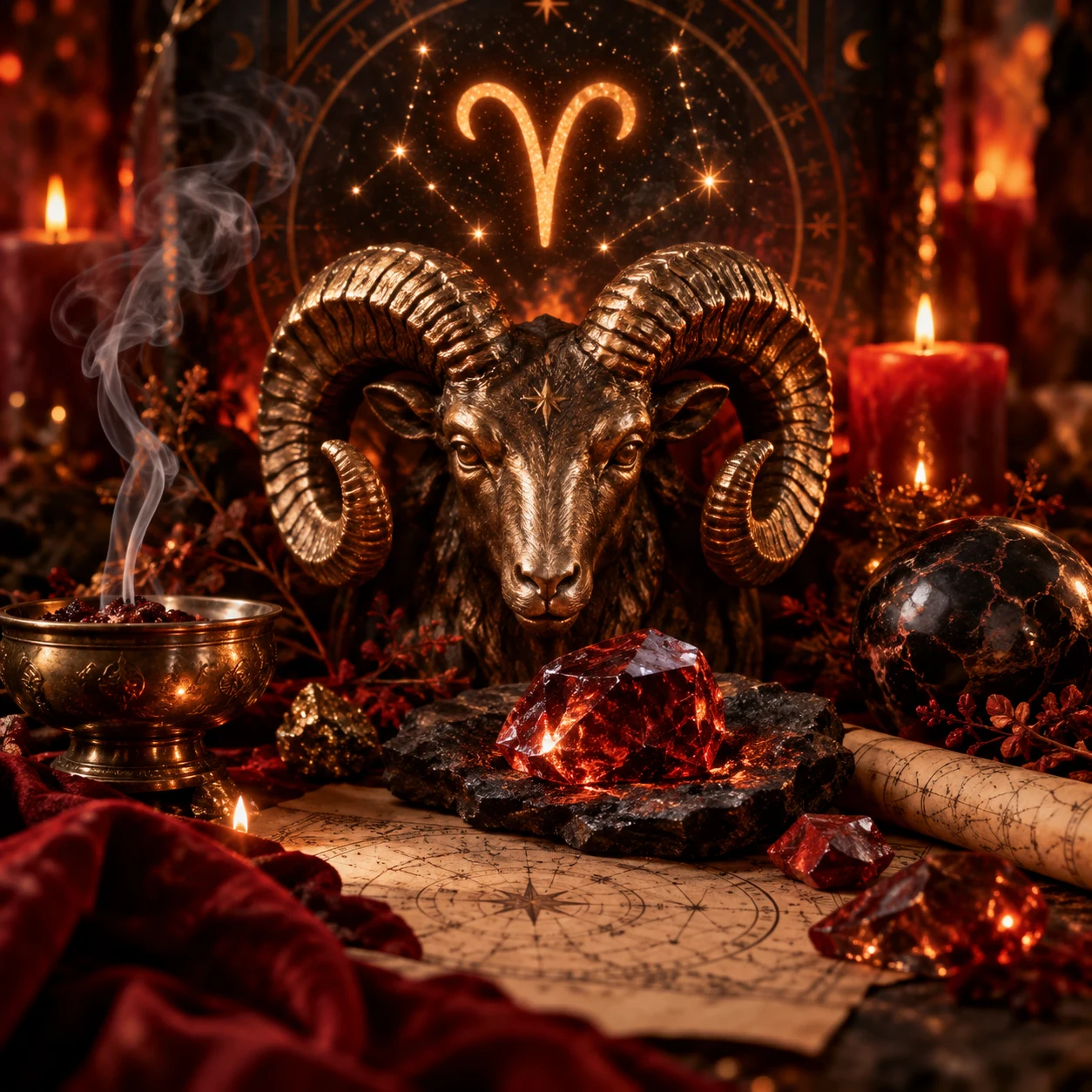 Premium-Stillleben zum Sternzeichen Widder mit Widdermotiv, rotem Kristall, Feuerlicht und astrologischer Symbolik.