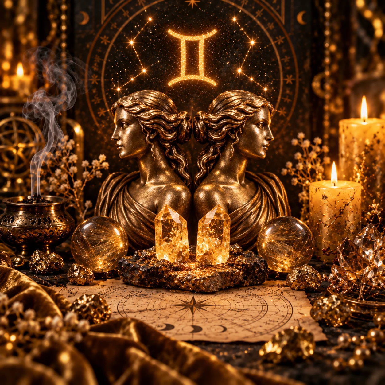Premium-Stillleben zum Sternzeichen Zwillinge mit gespiegelt-doppelter Figurensymbolik, klaren Kristallen und goldener Luft-Atmosphäre.