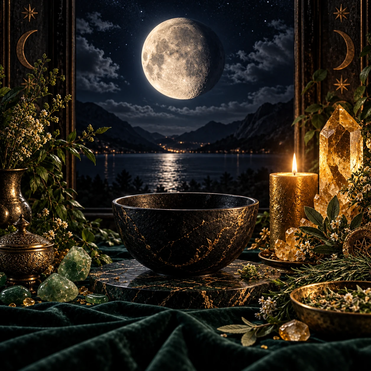 Abnehmender Mond mit überwiegend links beleuchteter Scheibe über einem Bergsee, warmem Goldlicht, Pflanzen und Kristallen.
