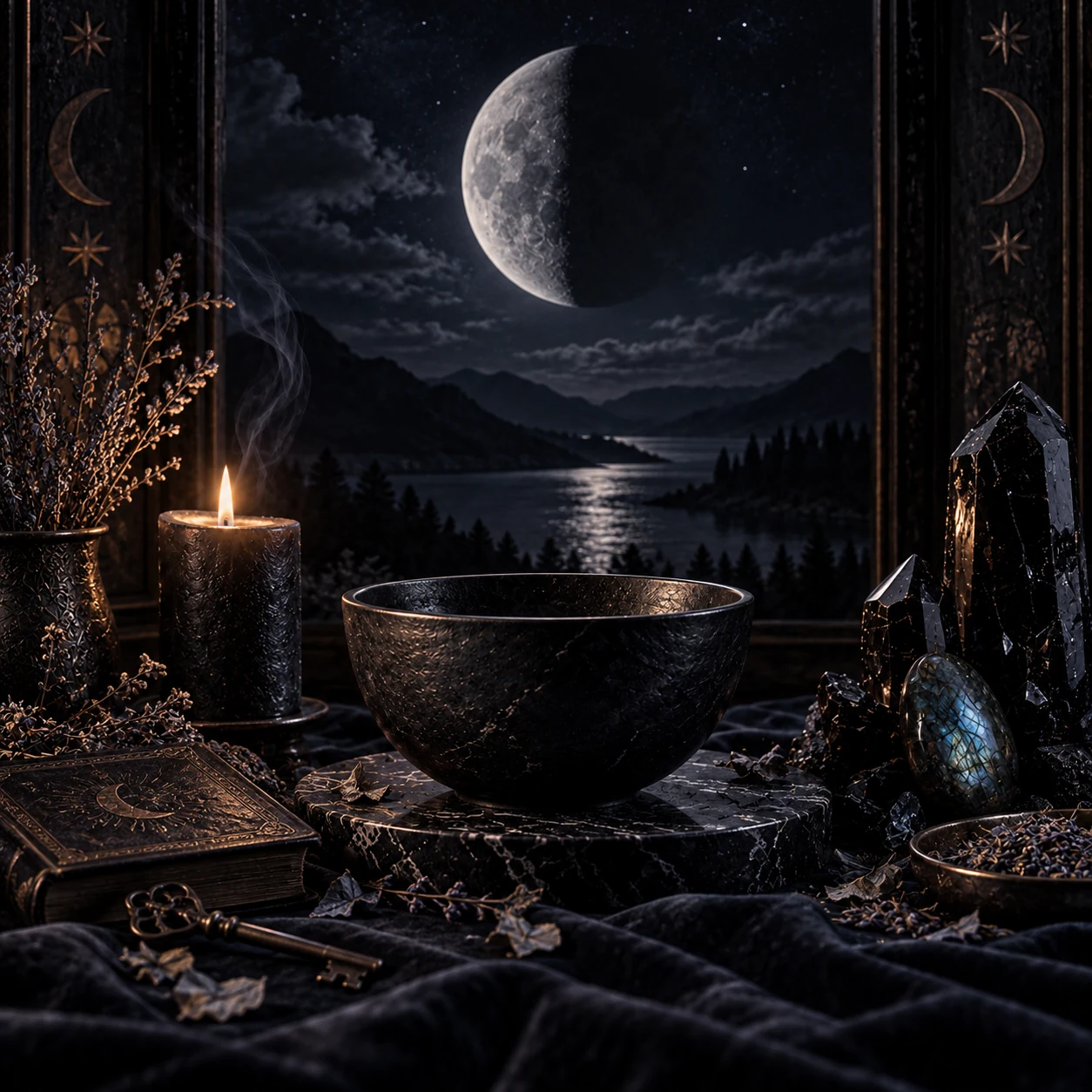 Letztes Viertel mit links beleuchteter Mondhälfte über einem dunklen Bergsee, Obsidian-Anmutung, Lavendel, Schlüssel und Kerzenlicht.