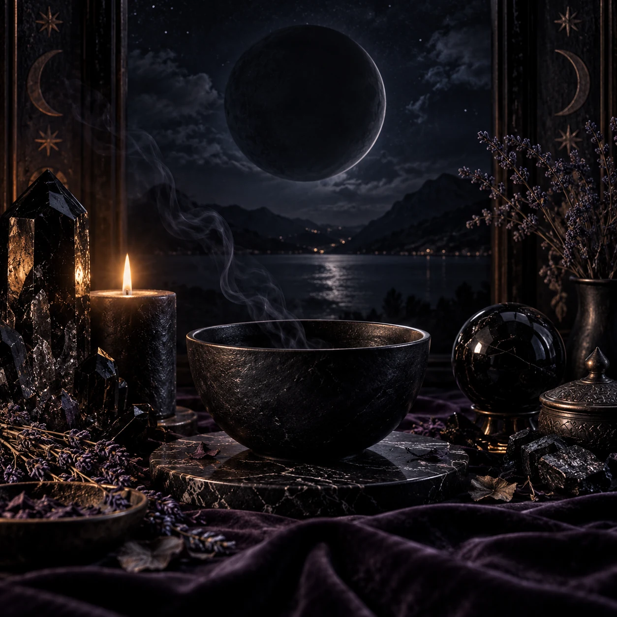 Dunkler Neumond über einem nächtlichen Bergsee mit schwarzer Ritualschale, Obsidian-Anmutung, Kerzenlicht und feinem Rauch.