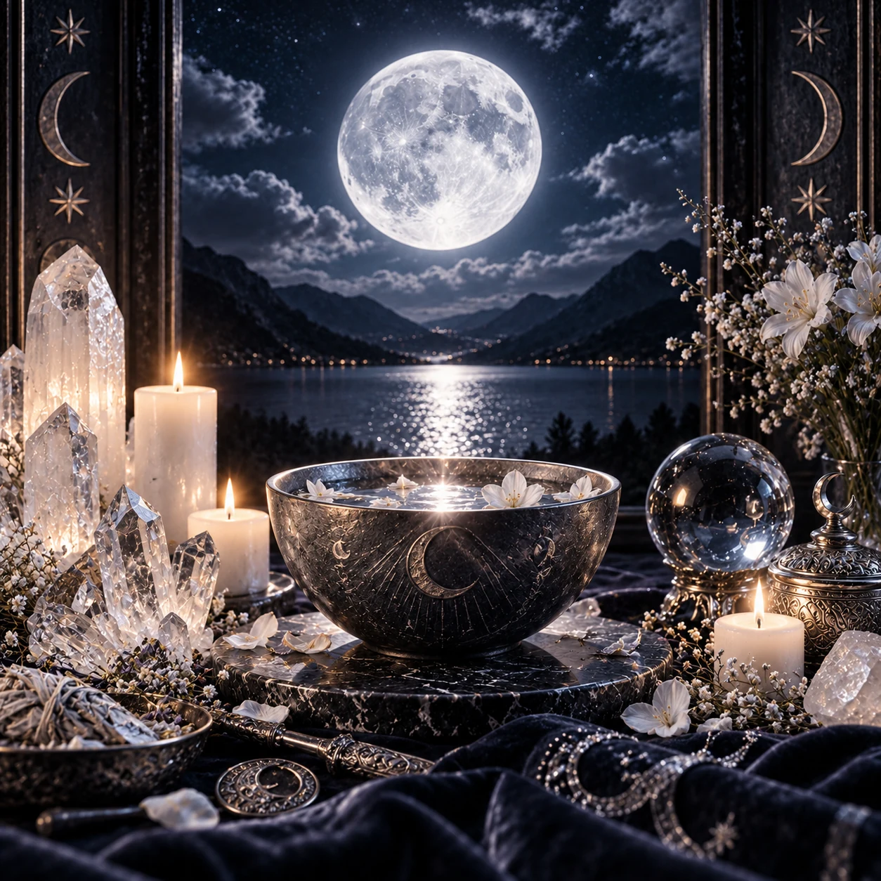 Heller Vollmond über einem nächtlichen Bergsee mit klaren Kristallen, weißen Blüten, Kerzen und silberner Ritualschale.
