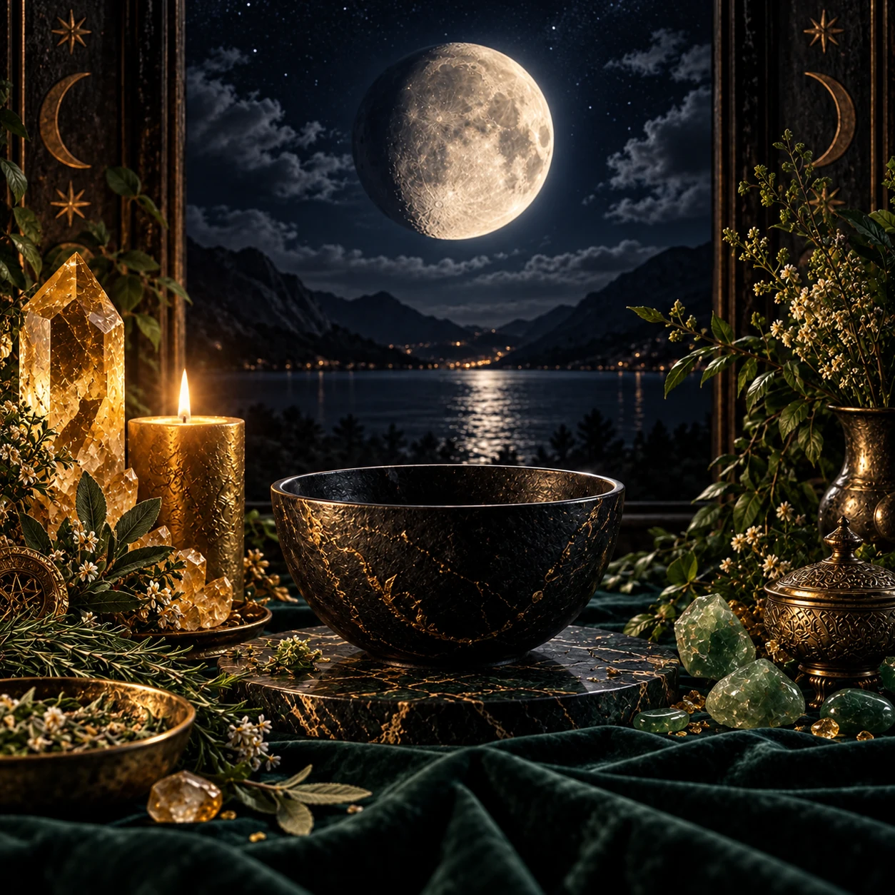 Zunehmender Mond mit überwiegend rechts beleuchteter Scheibe über einem Bergsee, warmem Goldlicht, grünen Pflanzen und Kristallen.