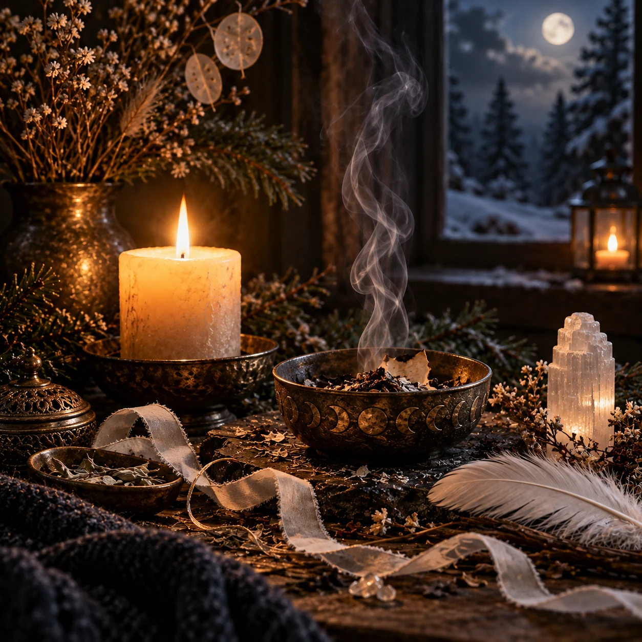 Winterliches Rauhnachts-Stillleben mit weißer Feder, hellem Kristall, Räucherschale und Kerzenlicht für die achte Rauhnacht.