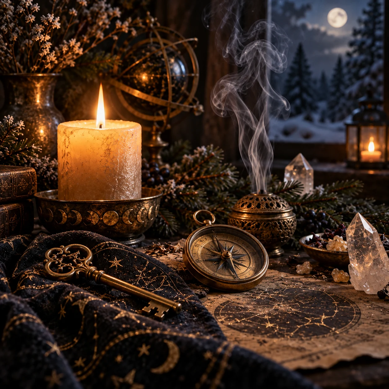 Winterliches Rauhnachts-Stillleben mit Kompass, Schlüssel, Sternkarte, Kristallen und Kerzenlicht für die dritte Rauhnacht.