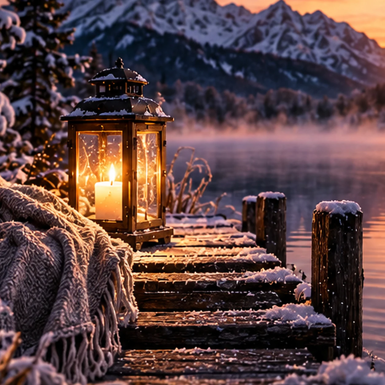 Leuchtende Laterne auf einem verschneiten Steg an einem stillen Bergsee im Morgenlicht für die elfte Rauhnacht.