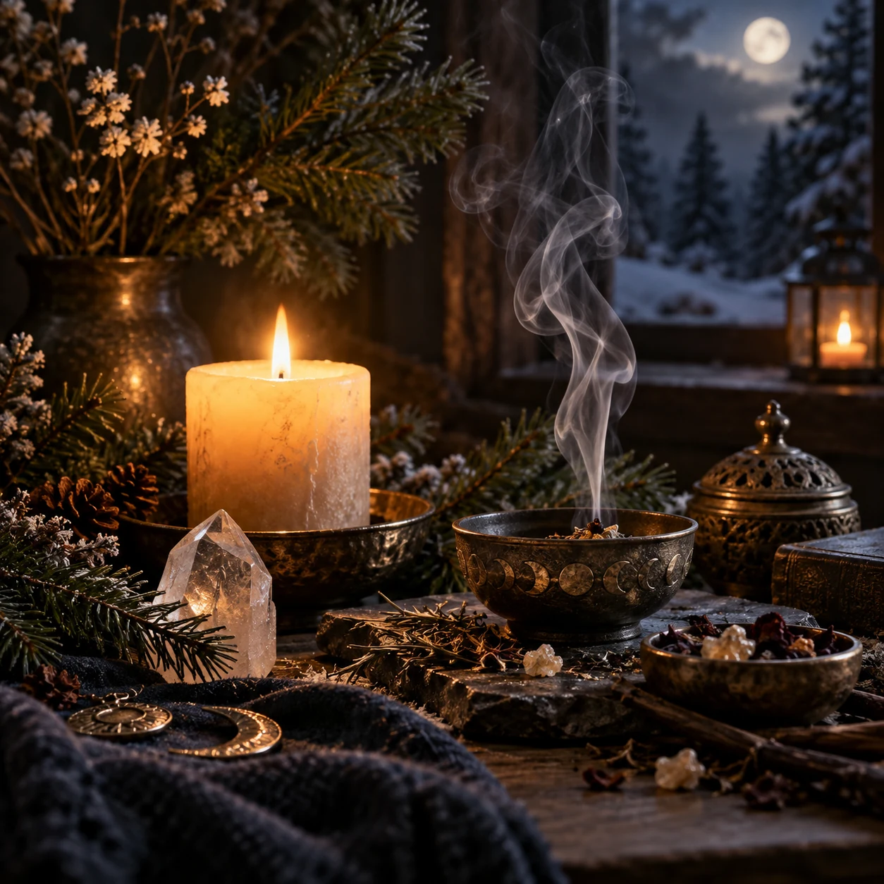 Winterliches Rauhnachts-Stillleben mit Kerzenlicht, Bergkristall, Räucherschale und Tannengrün für die erste Rauhnacht.