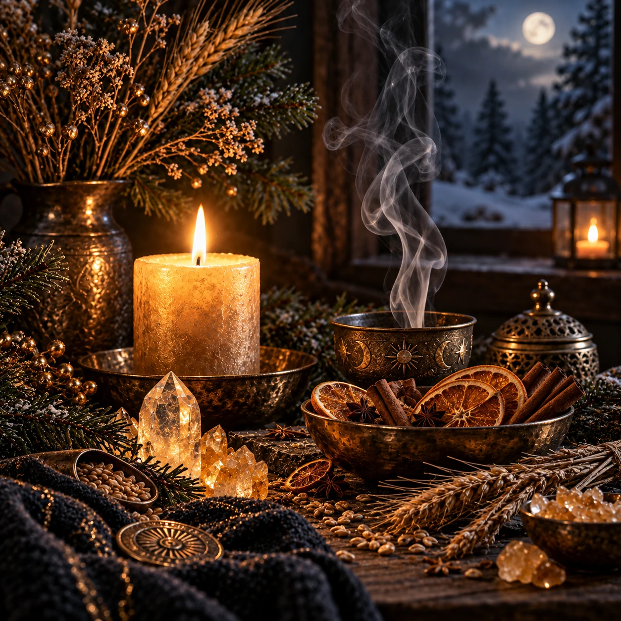 Warmes Rauhnachts-Stillleben mit Zitrusfrüchten, Gewürzen, Getreide, Kristallen und Kerzenlicht für die fünfte Rauhnacht.