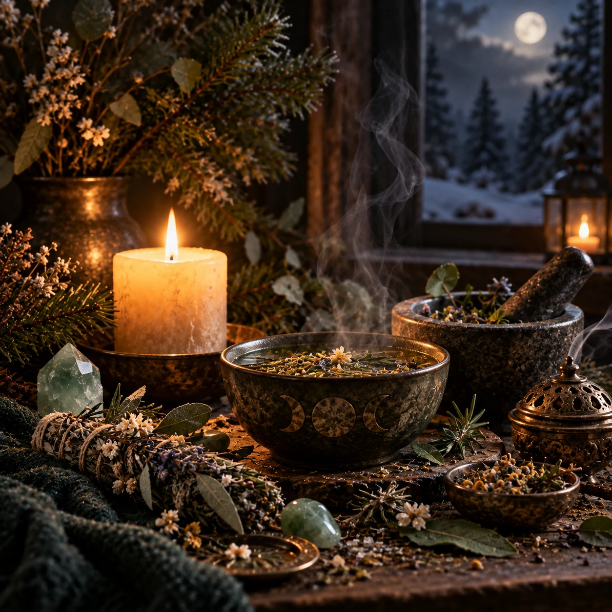 Winterliches Kräuter-Stillleben mit Schale, Mörser, grünen Kristallen und Kerzenlicht für die sechste Rauhnacht.