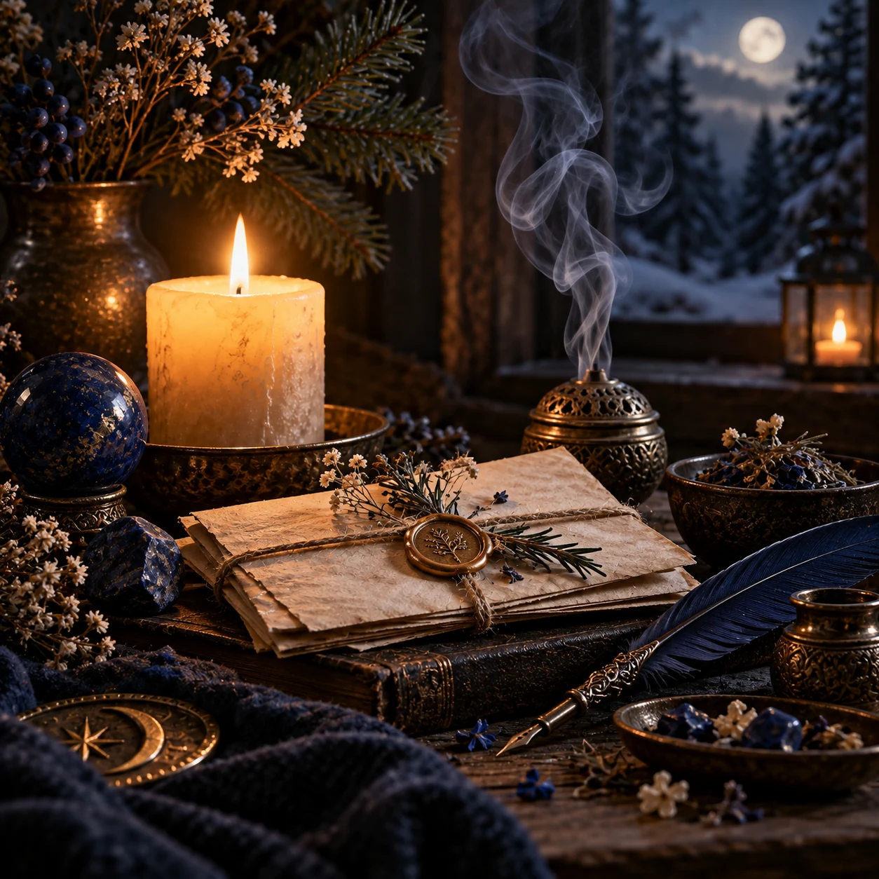 Winterliches Rauhnachts-Stillleben mit versiegelten Briefen, Feder, Lapislazuli-Anmutung und Kerzenlicht für die siebte Rauhnacht.