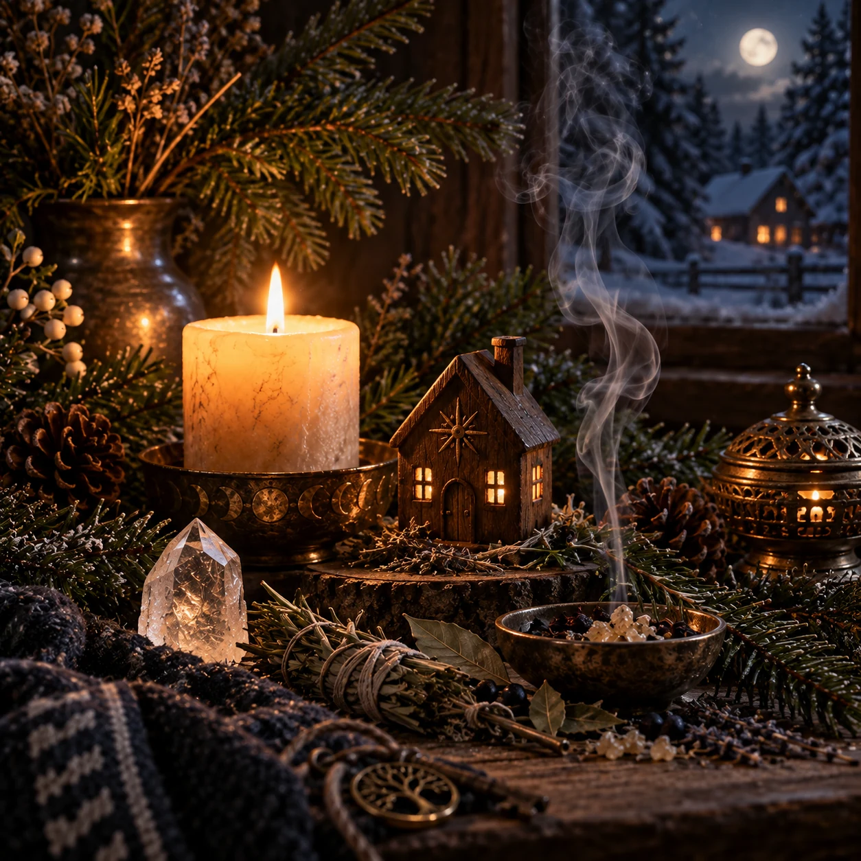 Winterliches Rauhnachts-Stillleben mit kleinem Haus, Kräuterbündel, Kristall und Kerzenlicht für die vierte Rauhnacht.