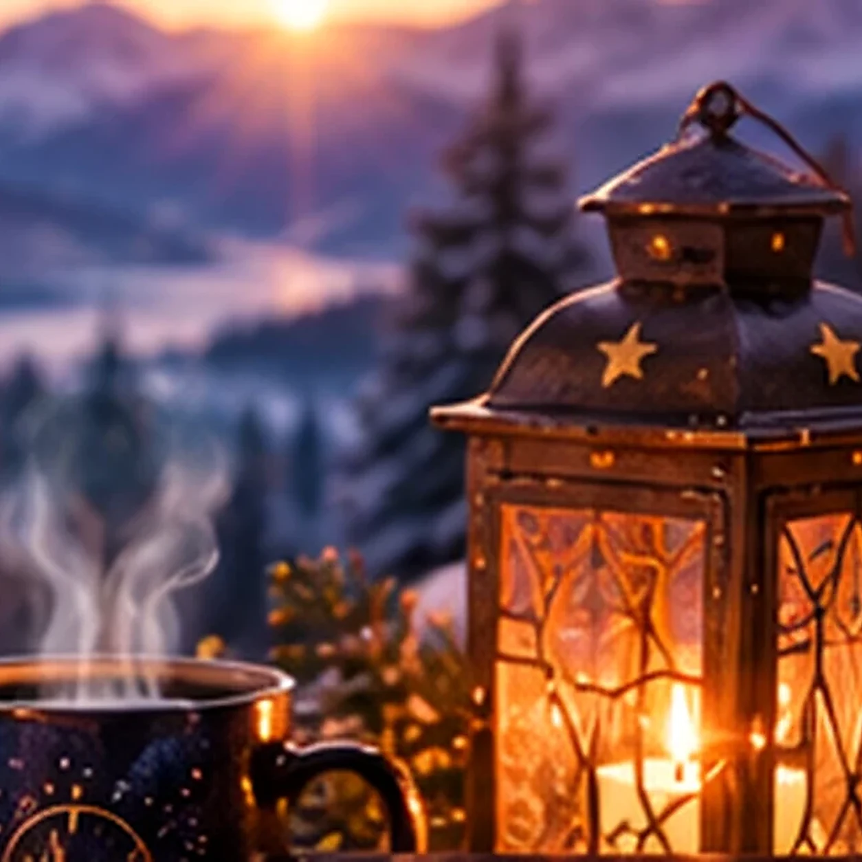 Leuchtende Winterlaterne mit warmer Tasse vor verschneiter Berglandschaft für die zehnte Rauhnacht.