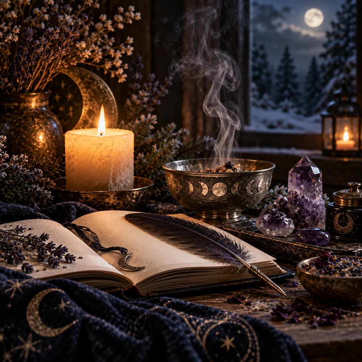 Winterliches Rauhnachts-Stillleben mit offenem Journal, Amethyst, Kerzenlicht und Räucherschale für die zweite Rauhnacht.