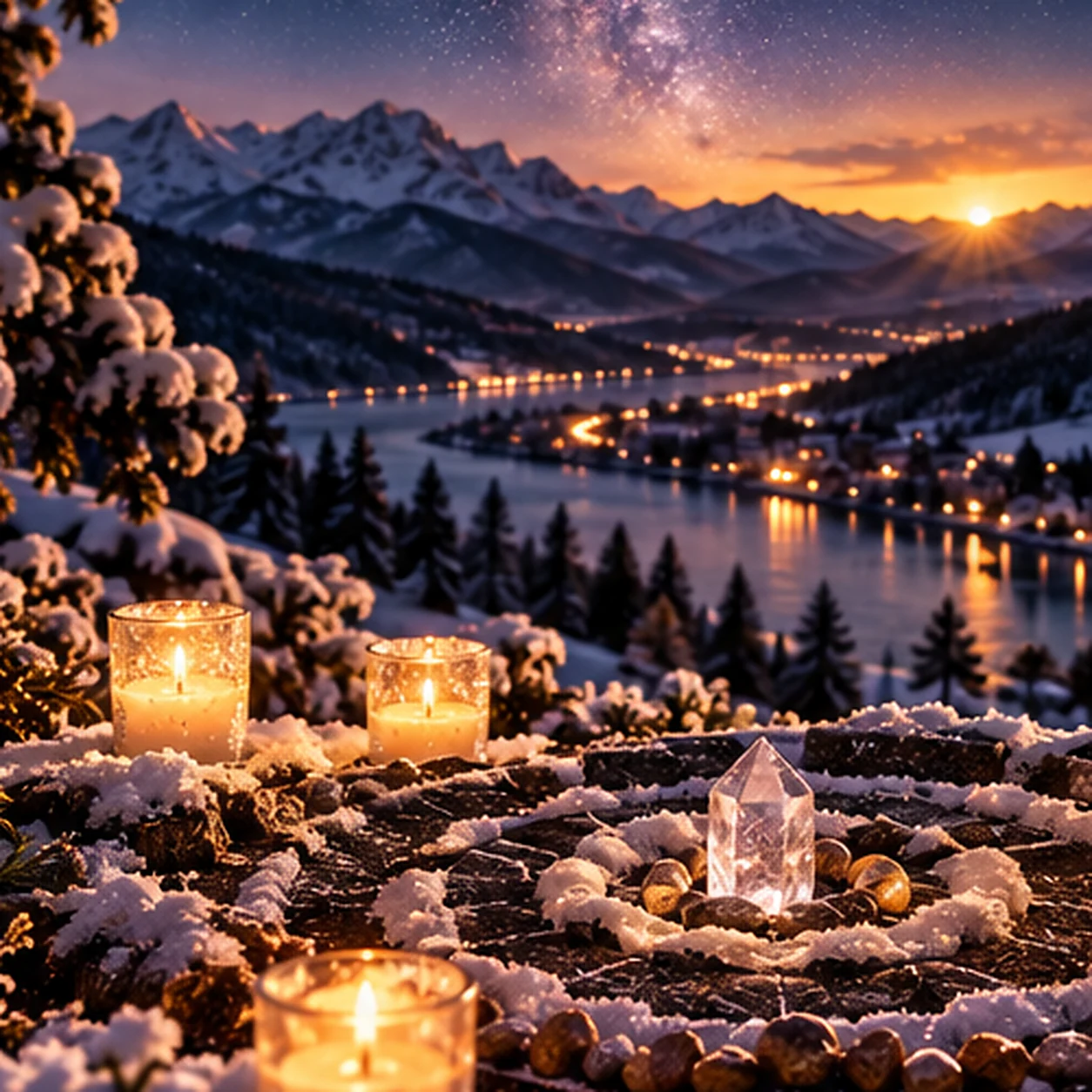 Winterliches Abschlussmotiv mit Bergtal, Kerzenkreis und klarem Kristall im ersten Licht für die zwölfte Rauhnacht.